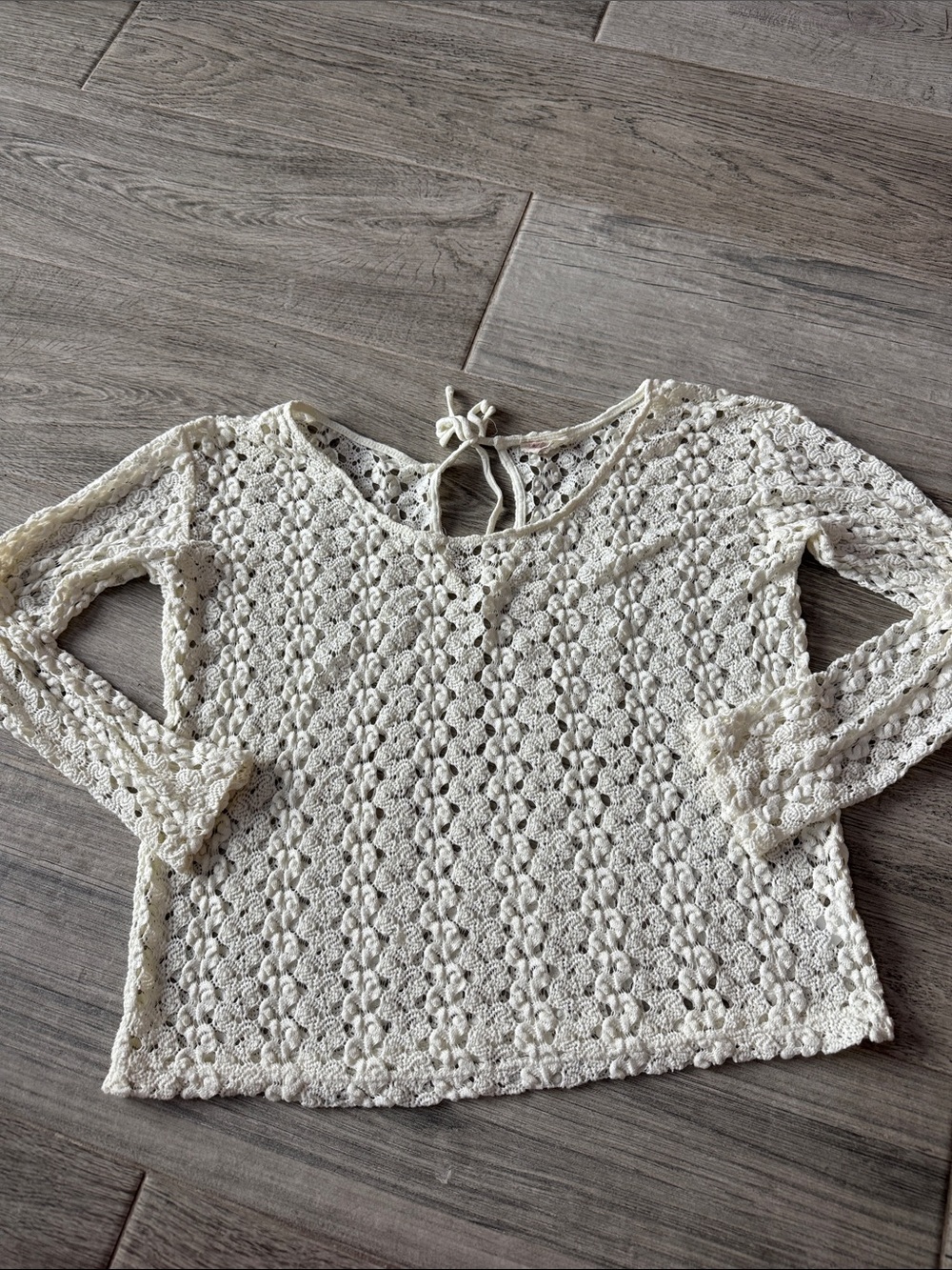 Black Poppy Cream Crochet Tie-Back Long Sleeve Top